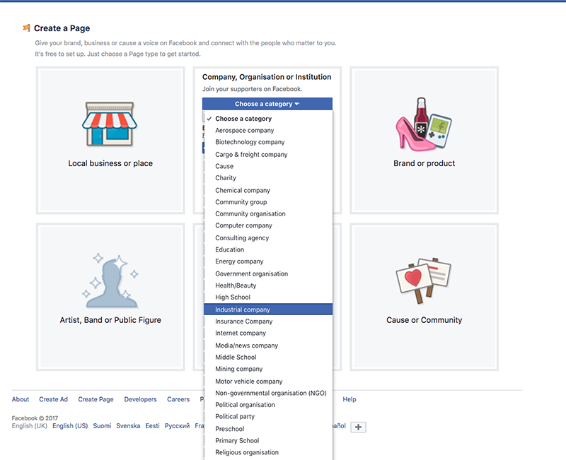 Facebook-sivun perustaminen - valitse oikea kategoria