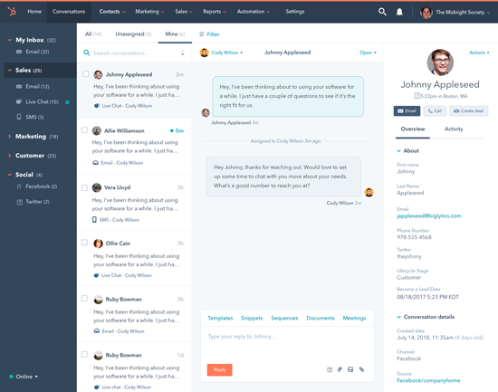 HubSpot conversations, keskustelun inbox