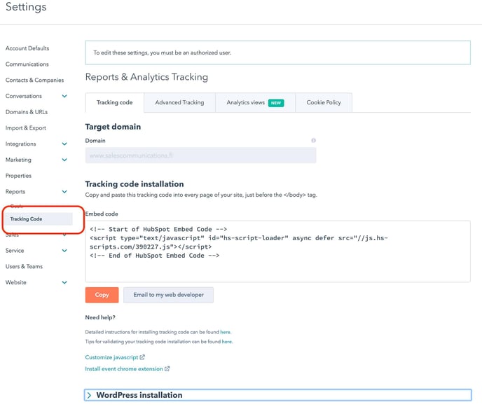 HubSpot tracking code