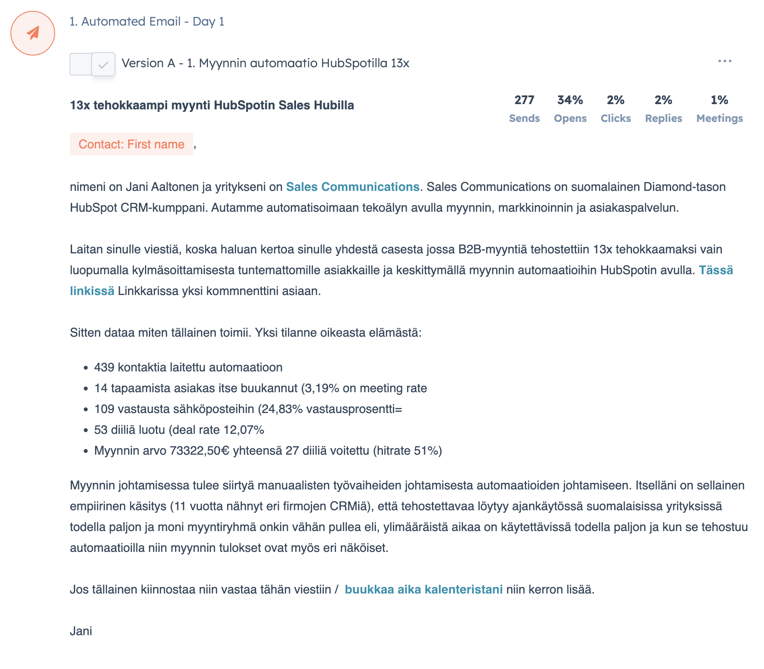 Esimerkki HubSpot sekvenssistä