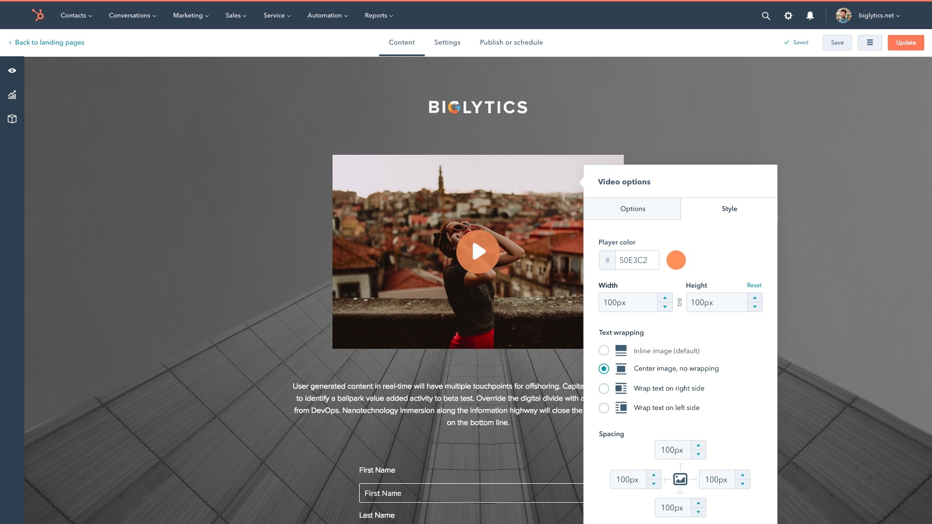 Video in editor - Video options - Styles